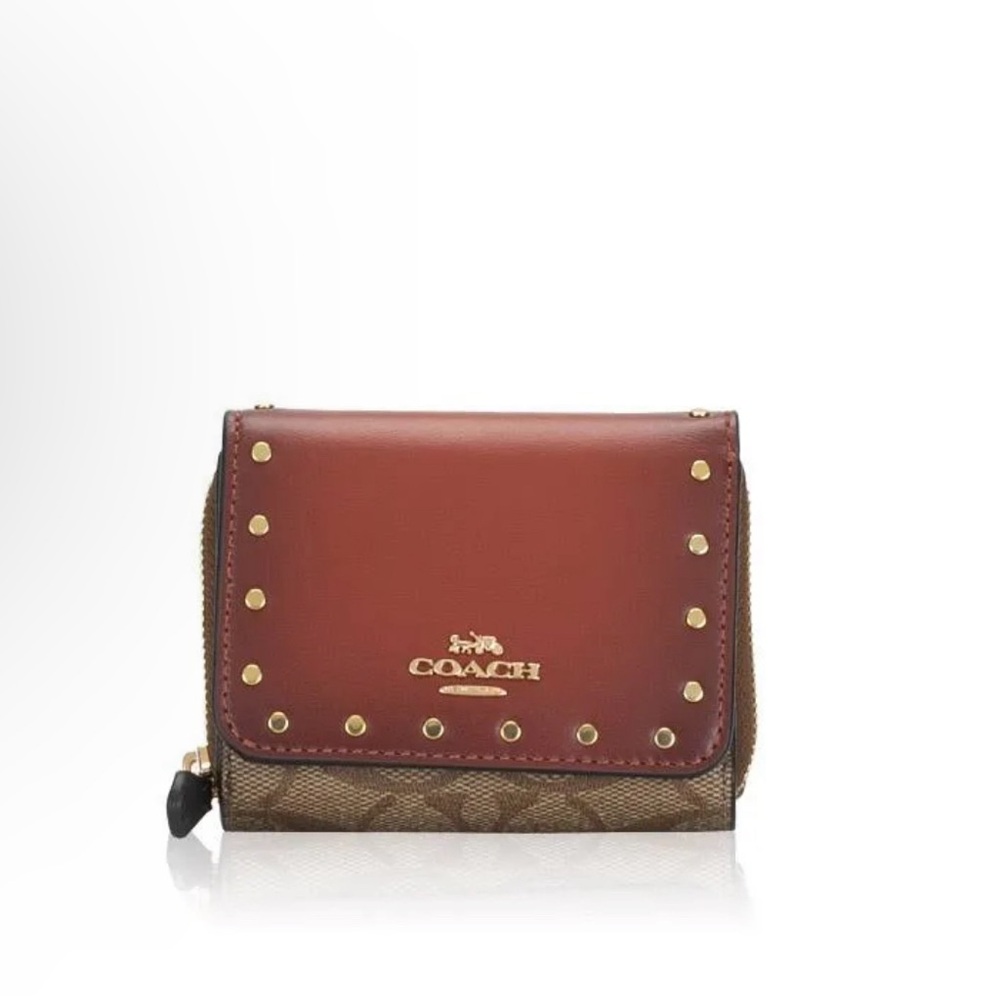 Coach Small Trifold Wallet In Colorblock Signature Canvas With Rivets